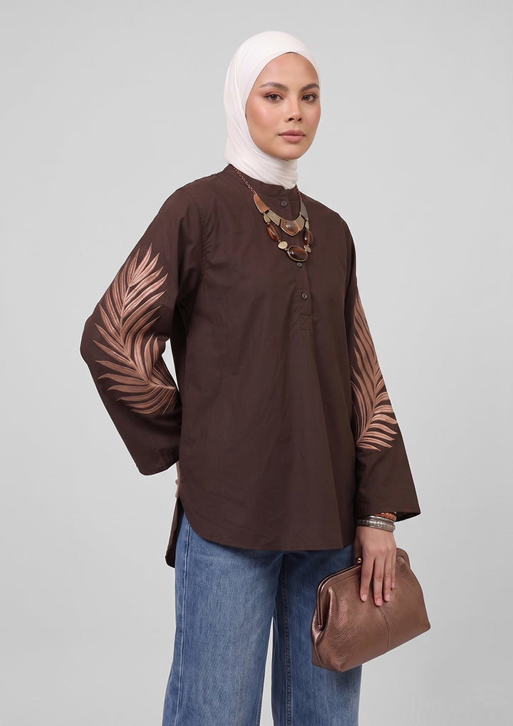 Chocolate Palm Leaf Embroidery Top