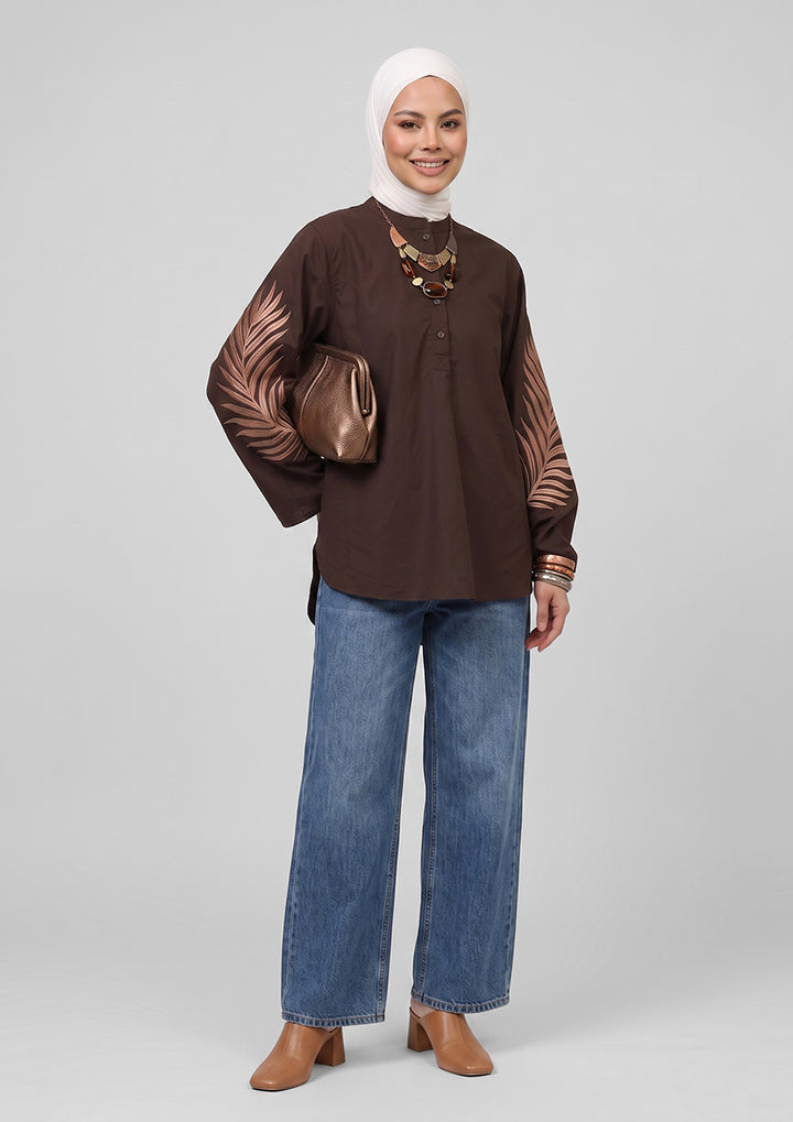 Chocolate Palm Leaf Embroidery Top