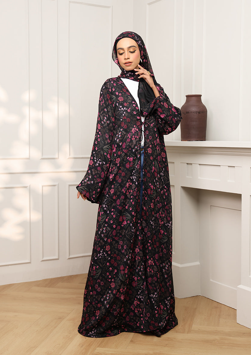 Tie Front Abaya &amp; Shawl Set - Dark Petunia