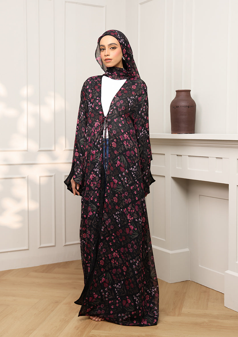 Tie Front Abaya &amp; Shawl Set - Dark Petunia