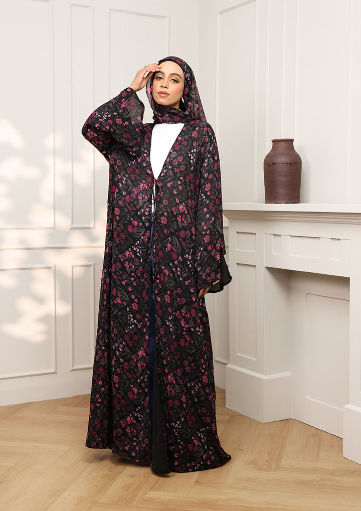 Tie Front Abaya &amp; Shawl Set - Dark Petunia
