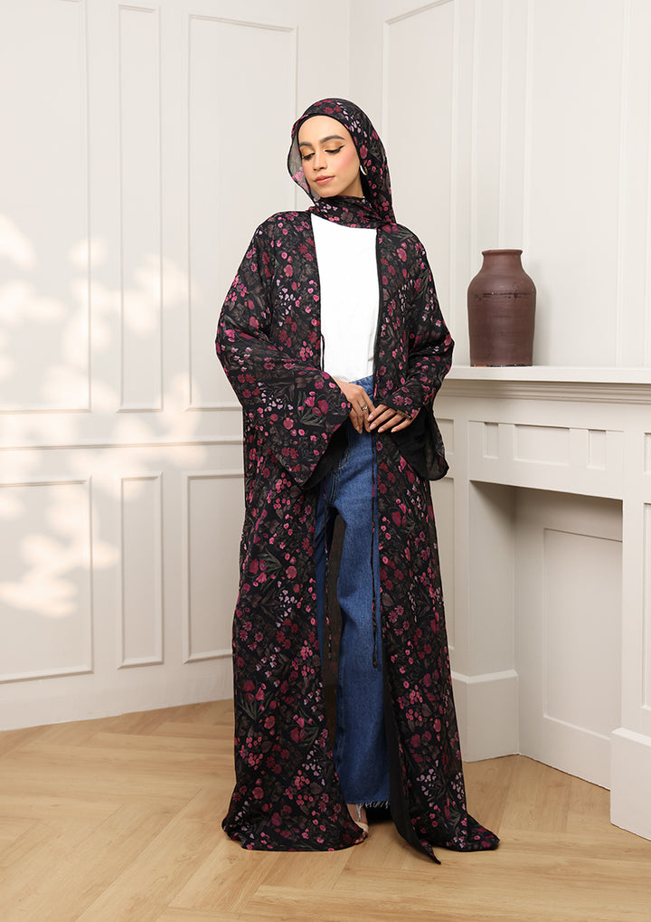 Tie Front Abaya &amp; Shawl Set - Dark Petunia