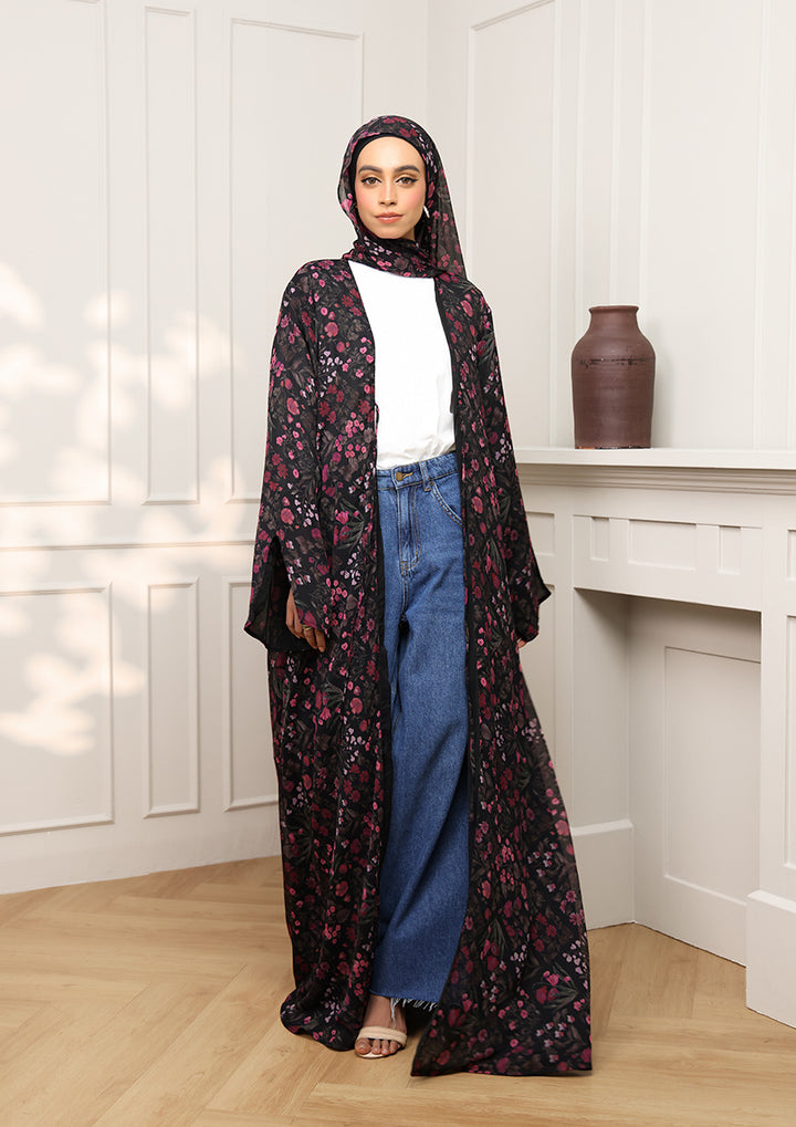 Tie Front Abaya &amp; Shawl Set - Dark Petunia