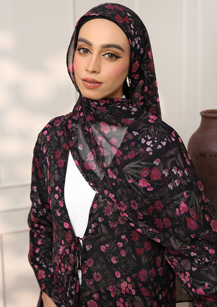 Tie Front Abaya & Shawl Set - Dark Petunia