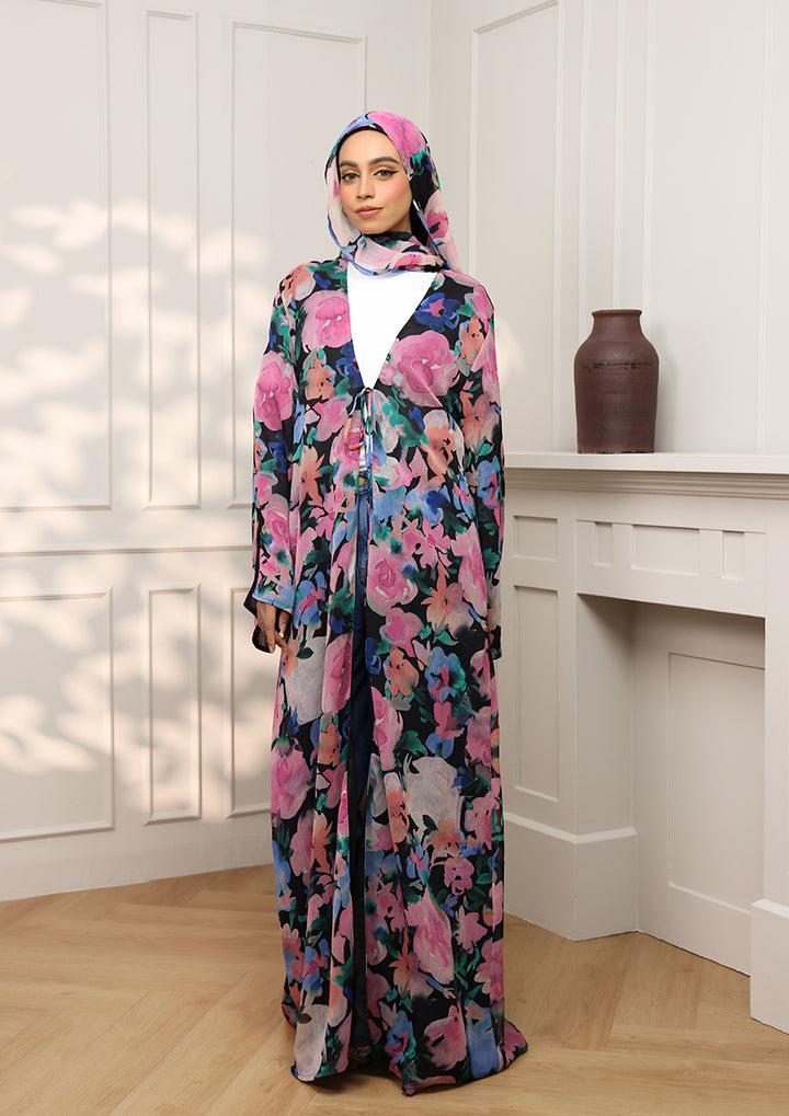 Tie Front Abaya &amp; Shawl Set - Eden Garden