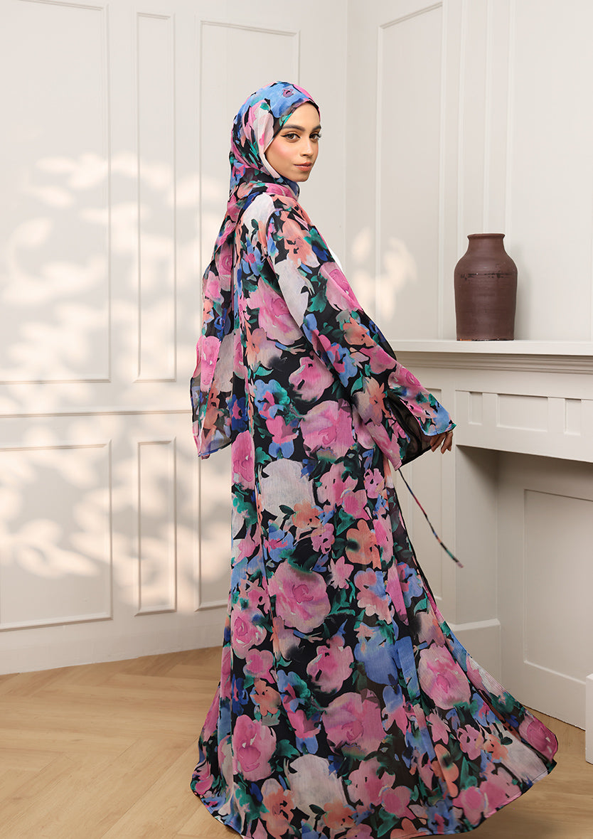 Tie Front Abaya &amp; Shawl Set - Eden Garden