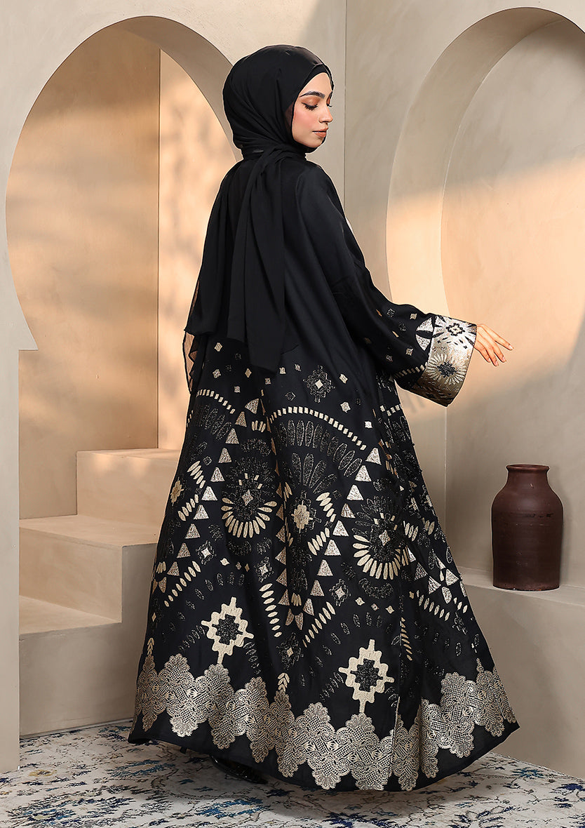 Premium Brocade Abaya - Gold Black