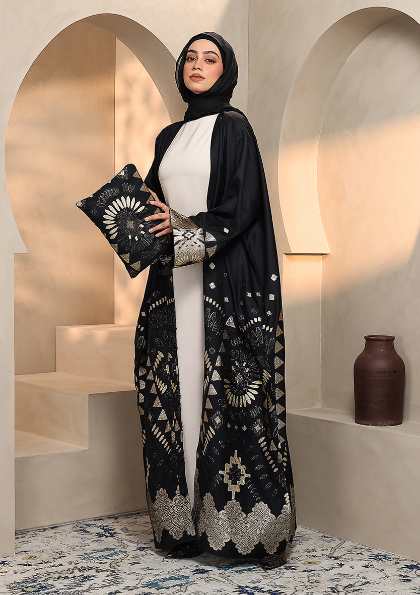 Premium Brocade Abaya - Gold Black