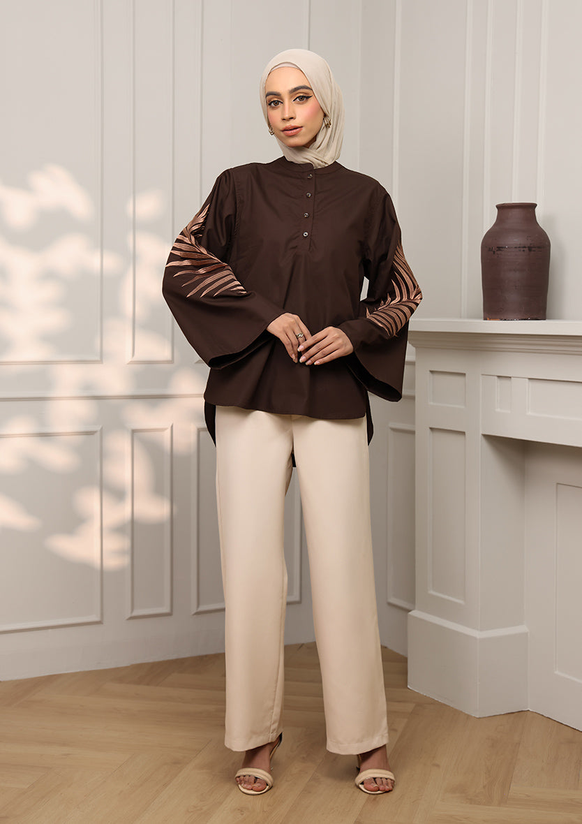Customized Chocolate Palm Leaf Embroidery Top