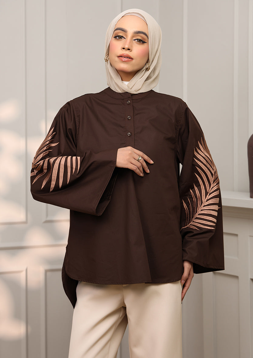 Customized Chocolate Palm Leaf Embroidery Top