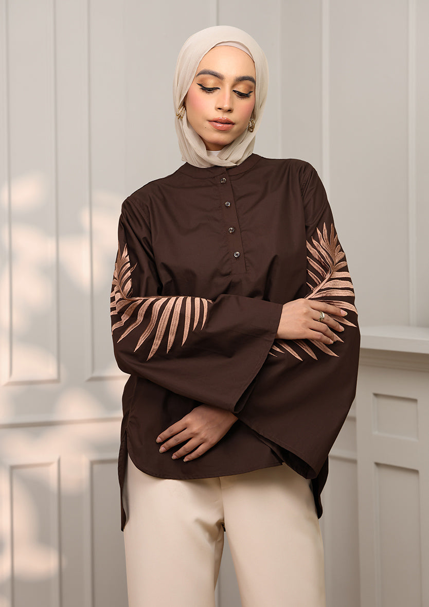 Customized Chocolate Palm Leaf Embroidery Top