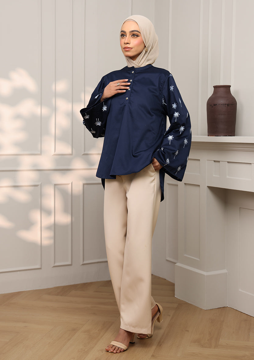 Customized Navy Palm Embroidery Top
