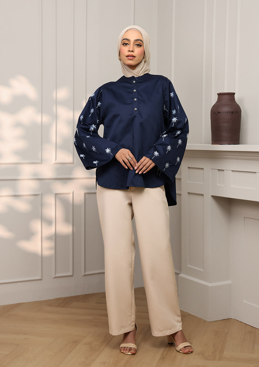 Customized Navy Palm Embroidery Top