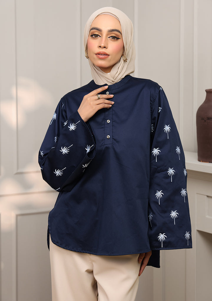Customized Navy Palm Embroidery Top