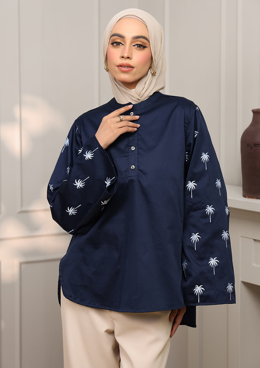 Customized Navy Palm Embroidery Top