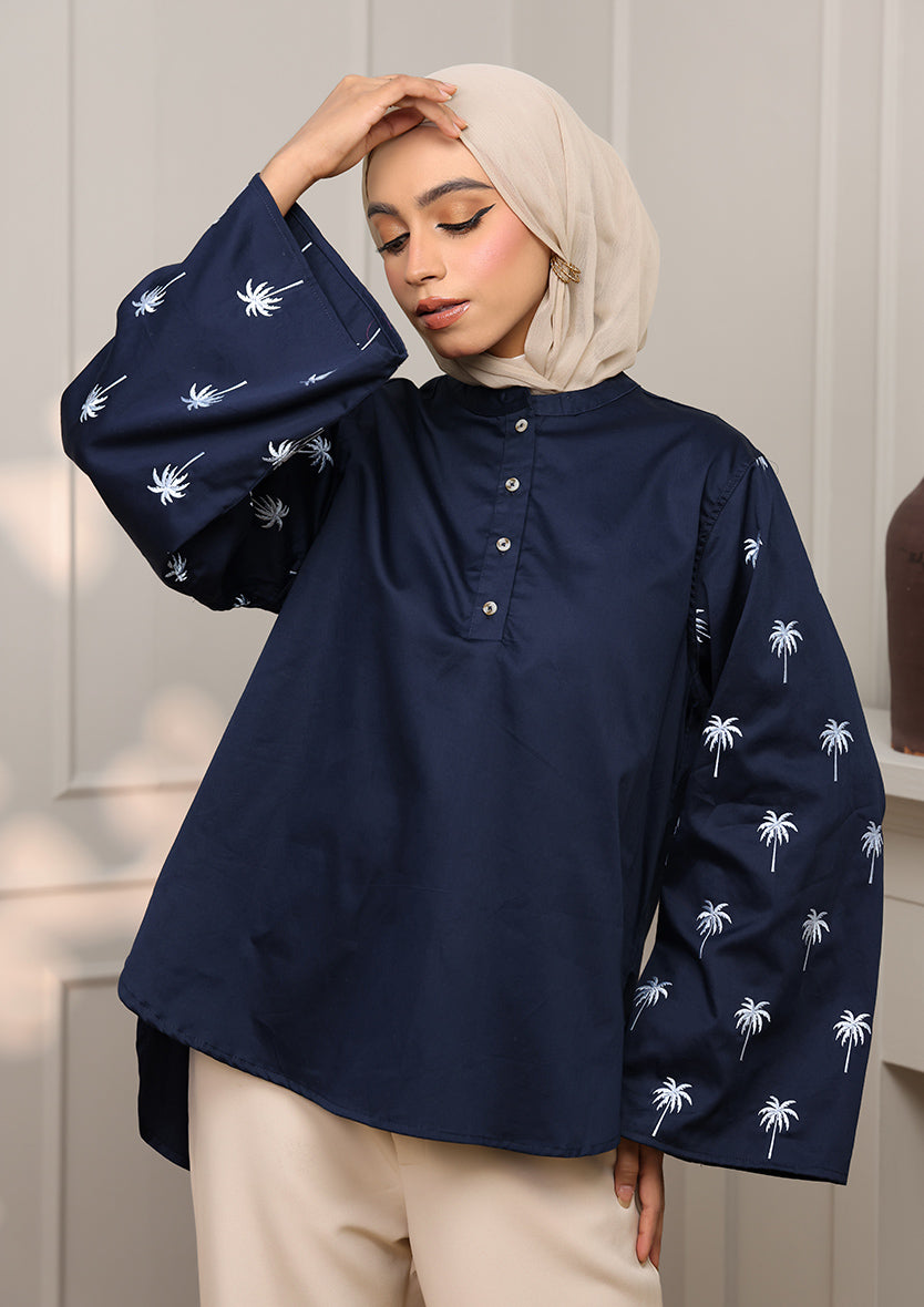 Customized Navy Palm Embroidery Top