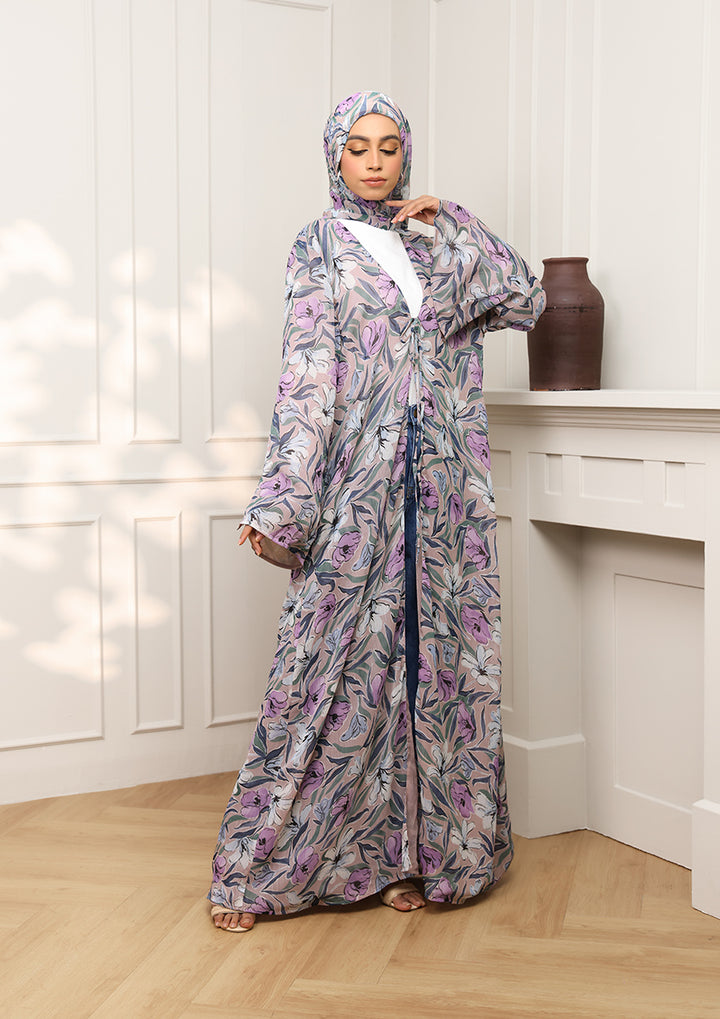 Tie Front Abaya &amp; Shawl Set - Lavender Dreams