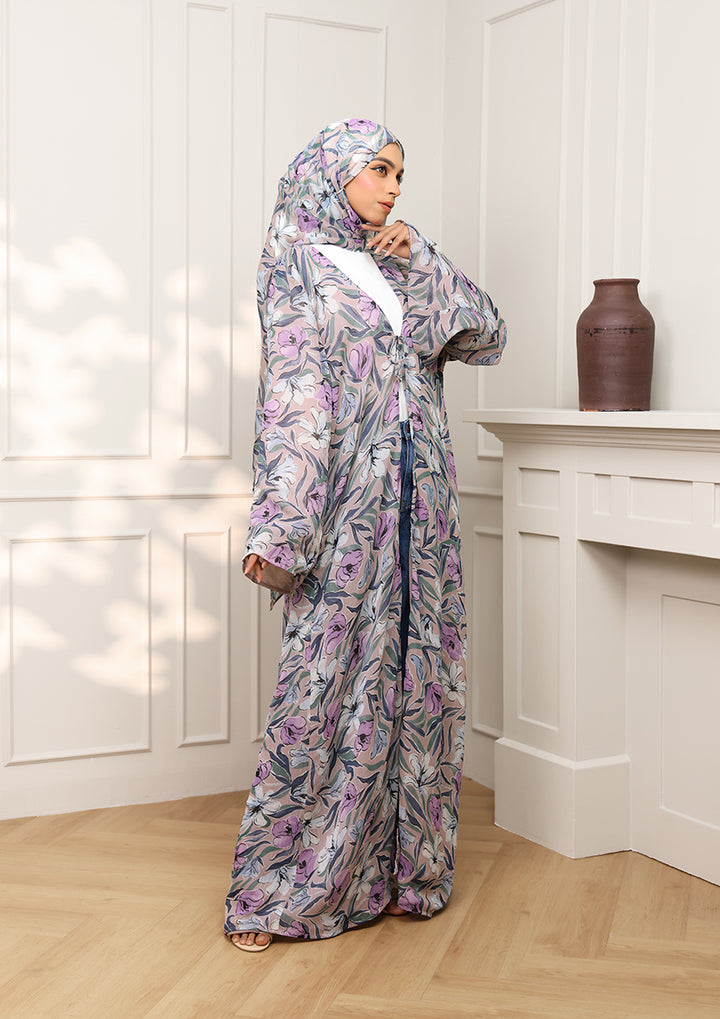 Tie Front Abaya &amp; Shawl Set - Lavender Dreams