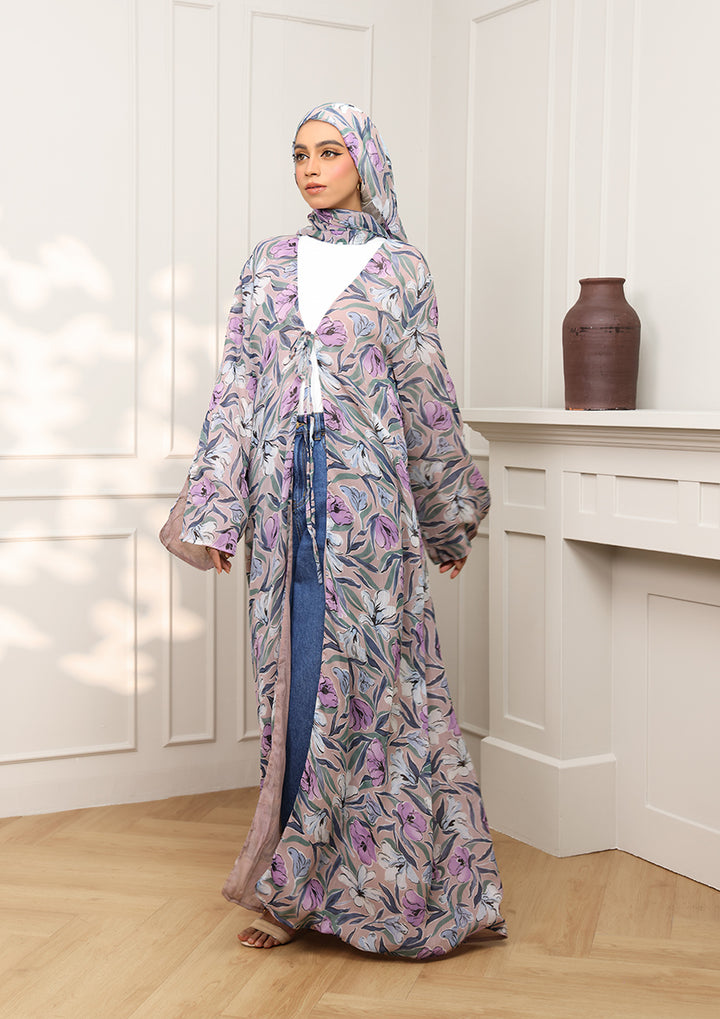 Tie Front Abaya &amp; Shawl Set - Lavender Dreams