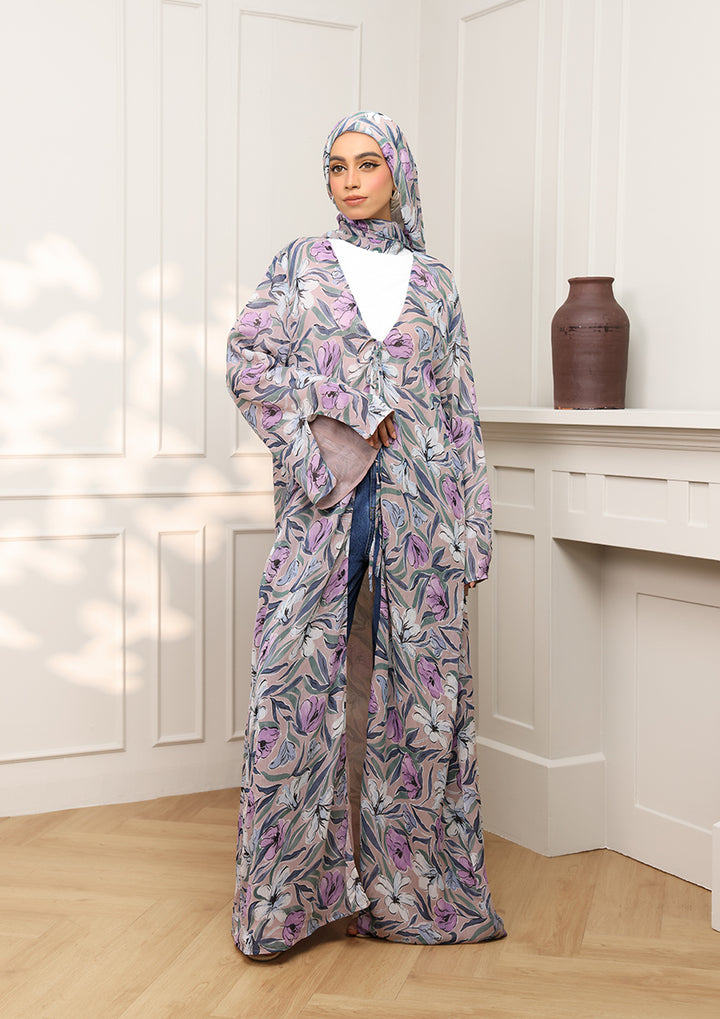 Tie Front Abaya &amp; Shawl Set - Lavender Dreams