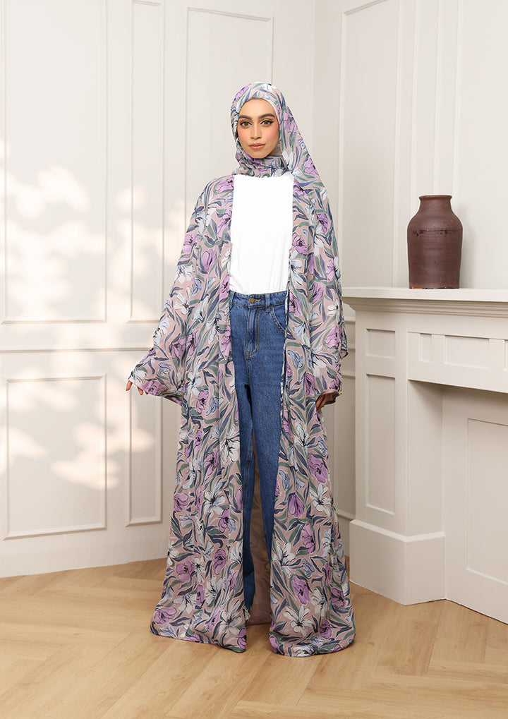 Tie Front Abaya &amp; Shawl Set - Lavender Dreams