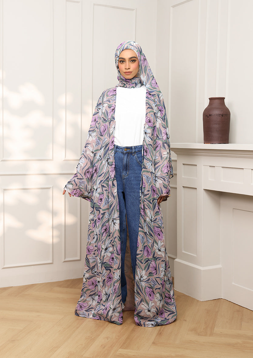 Tie Front Abaya &amp; Shawl Set - Lavender Dreams