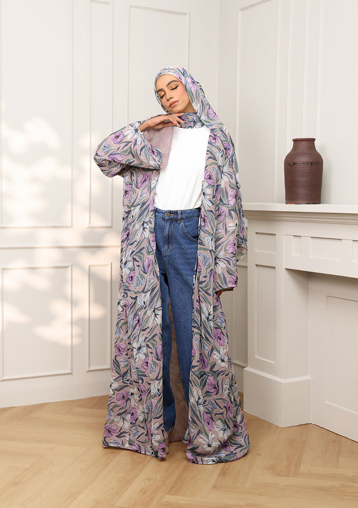 Tie Front Abaya &amp; Shawl Set - Lavender Dreams