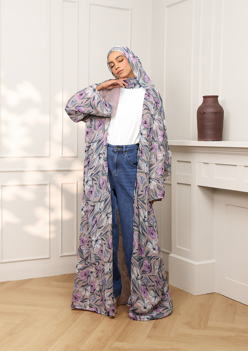 Tie Front Abaya &amp; Shawl Set - Lavender Dreams