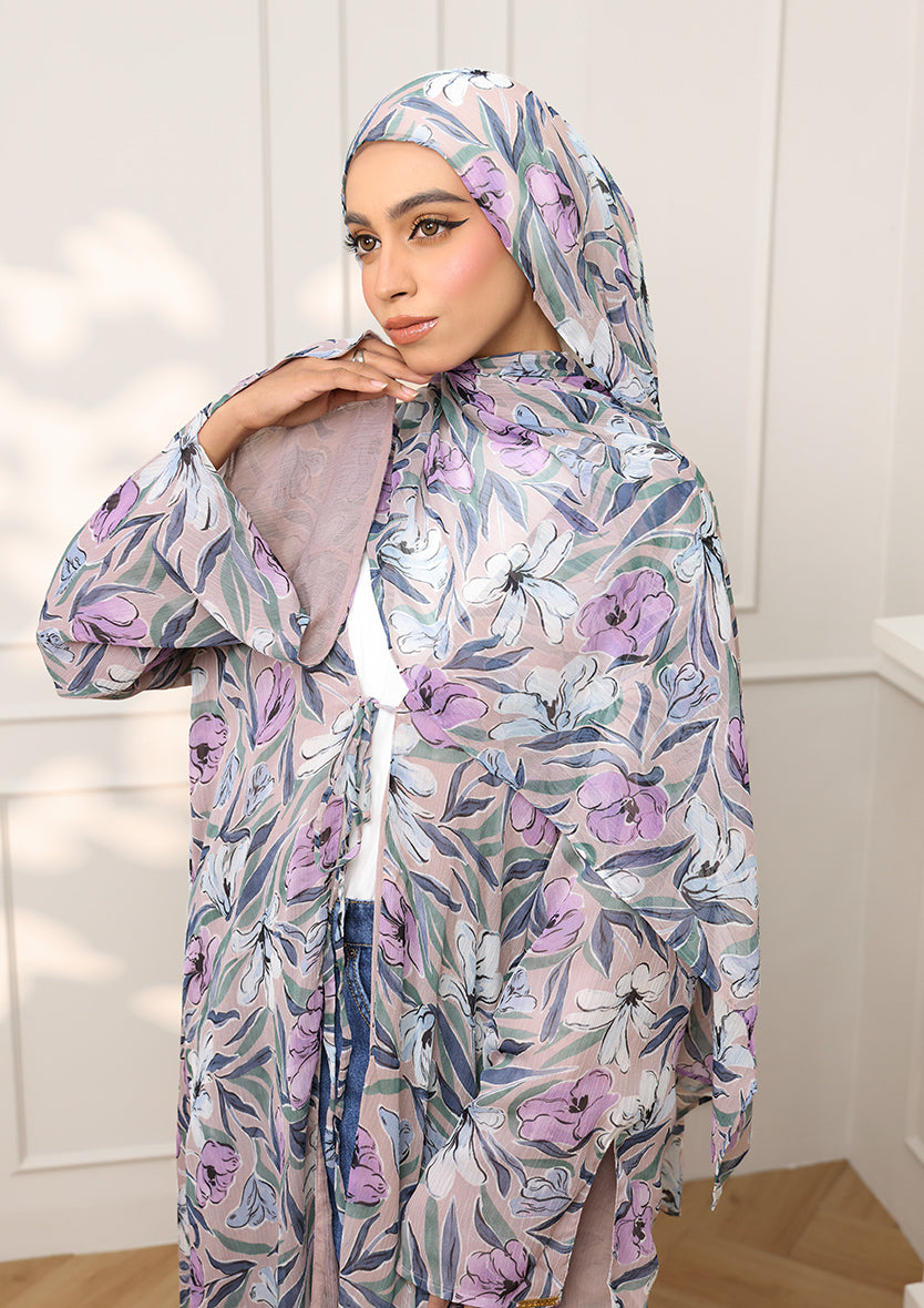 Tie Front Abaya &amp; Shawl Set - Lavender Dreams