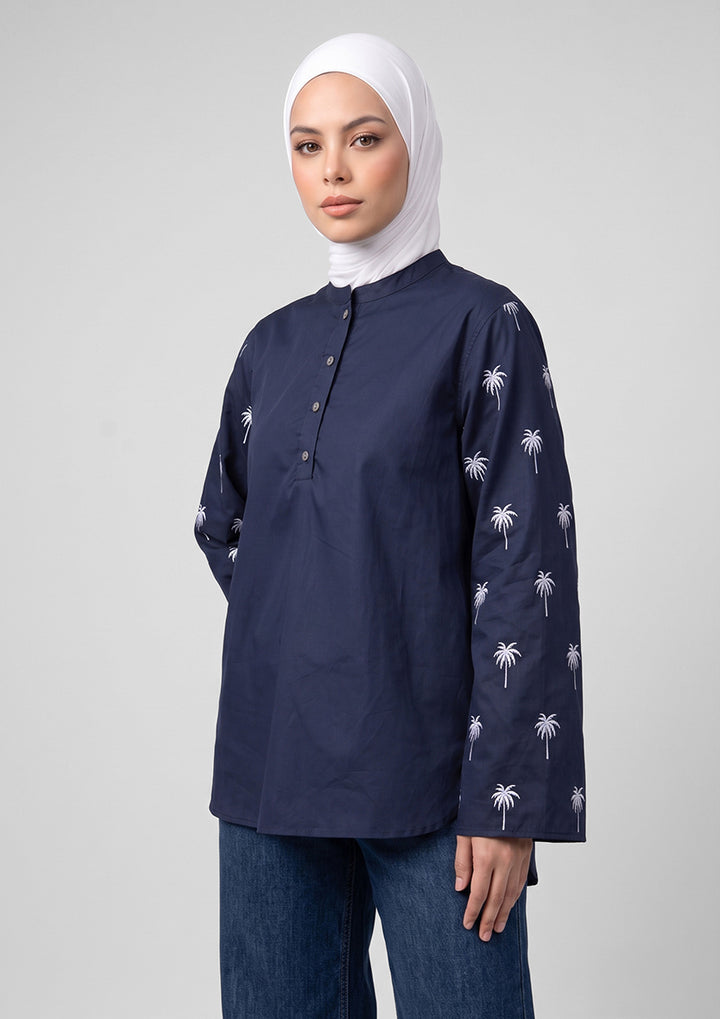 Navy Palm Embroidery Top