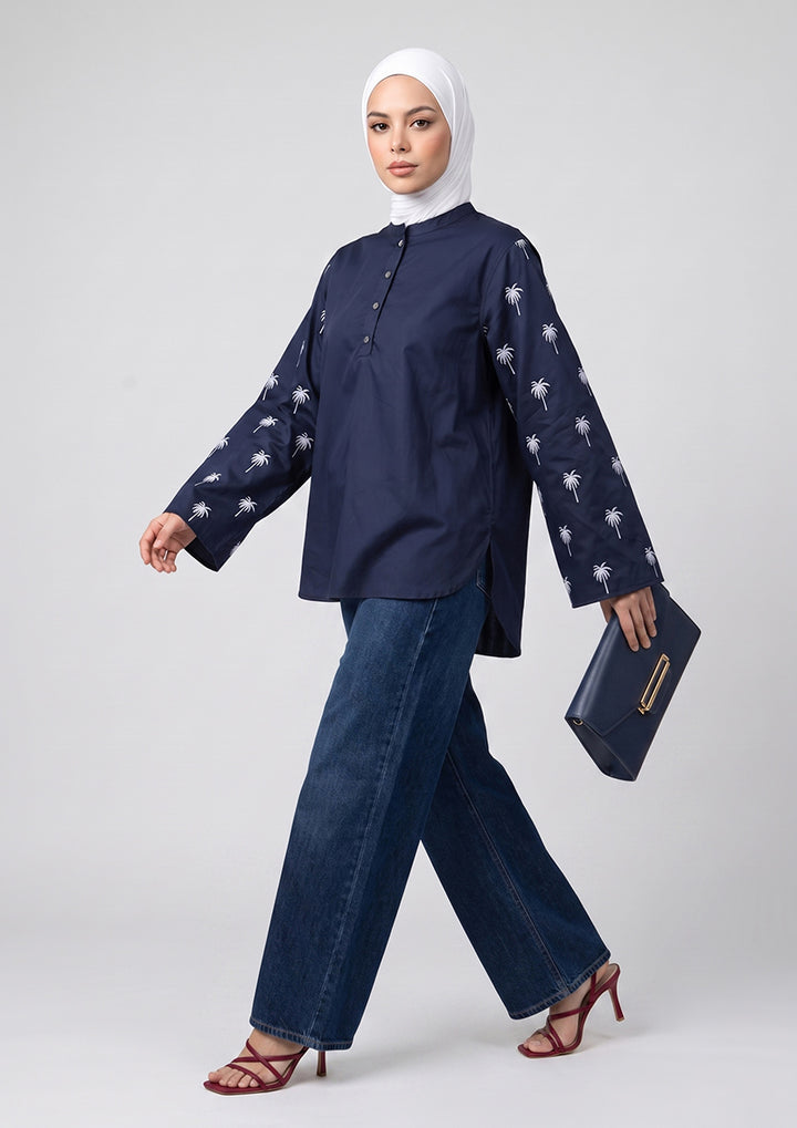 Navy Palm Embroidery Top