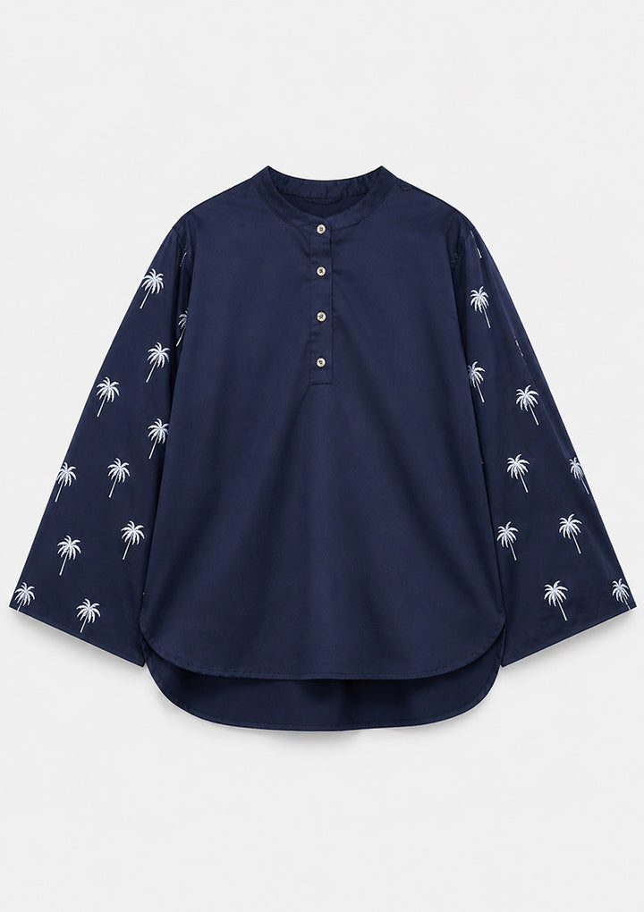 Navy Palm Embroidery Top