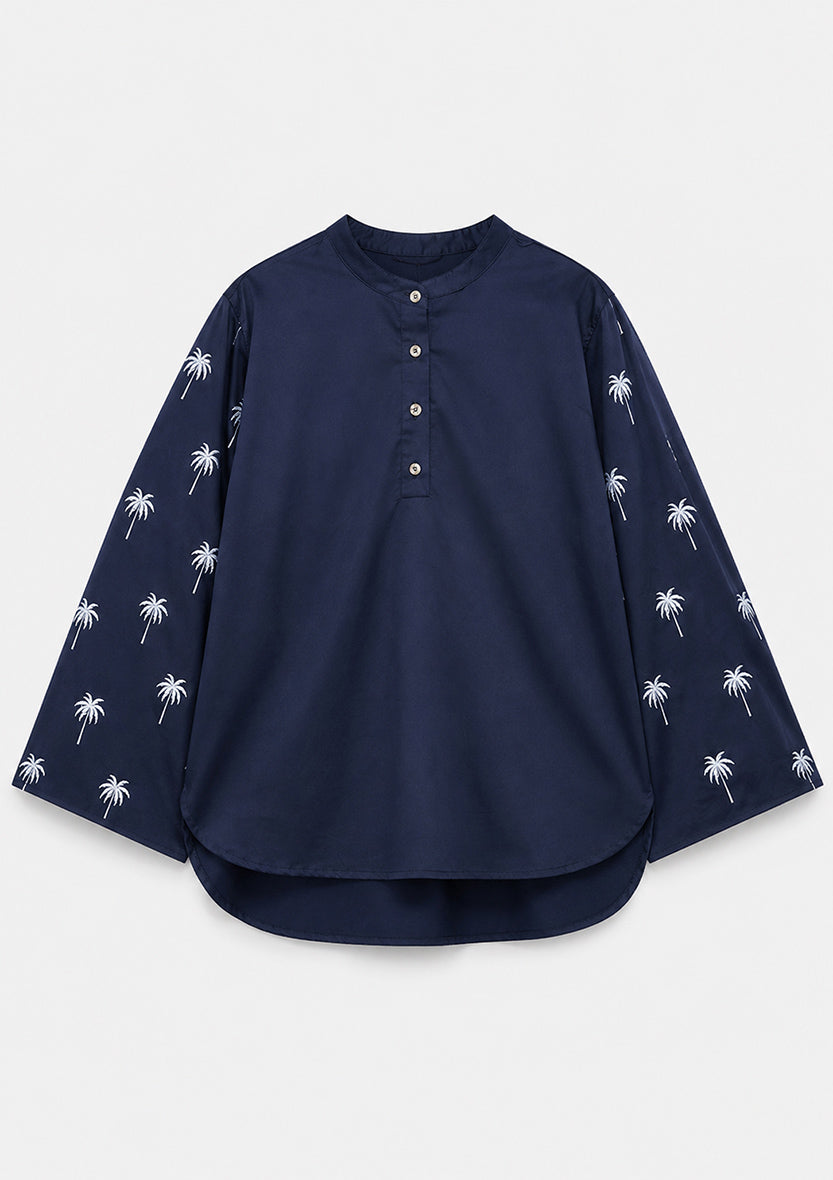 Navy Palm Embroidery Top