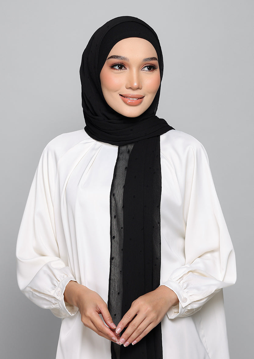Polka Black-Plain Velvet on Chiffon - Instant Hijab With Inner