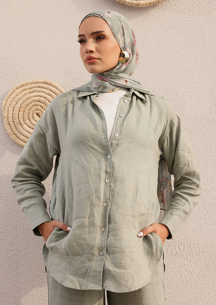 100% Italian Linen Shirt - Sage Green