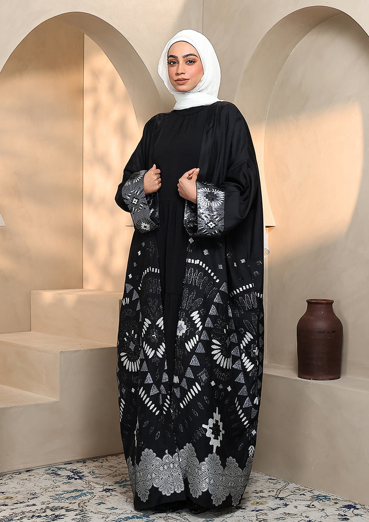 Premium Brocade Abaya - Silver Black