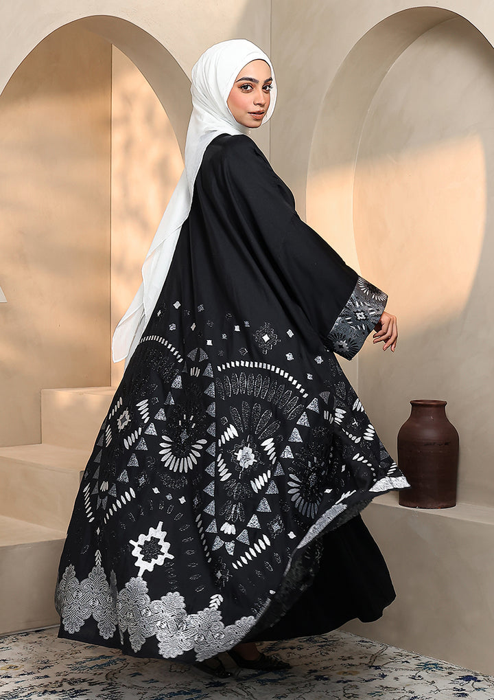 Premium Brocade Abaya - Silver Black