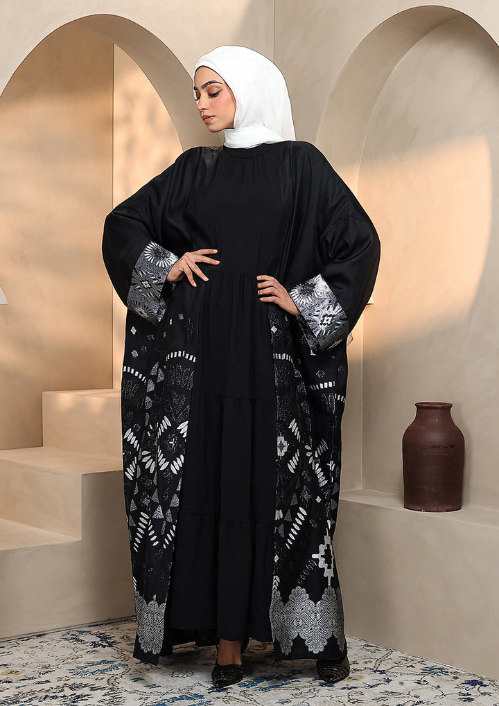 Premium Brocade Abaya - Silver Black
