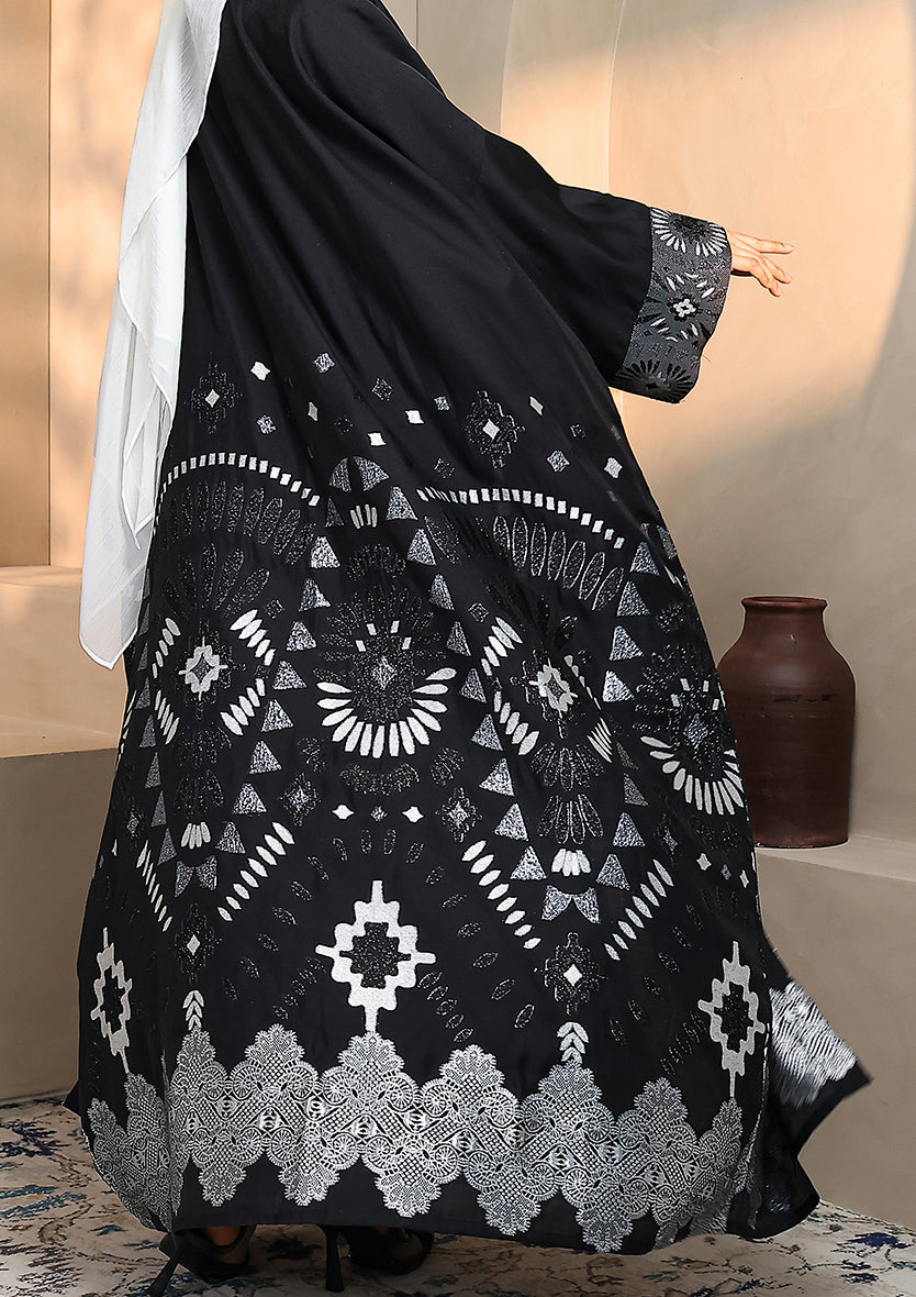 Premium Brocade Abaya - Silver Black
