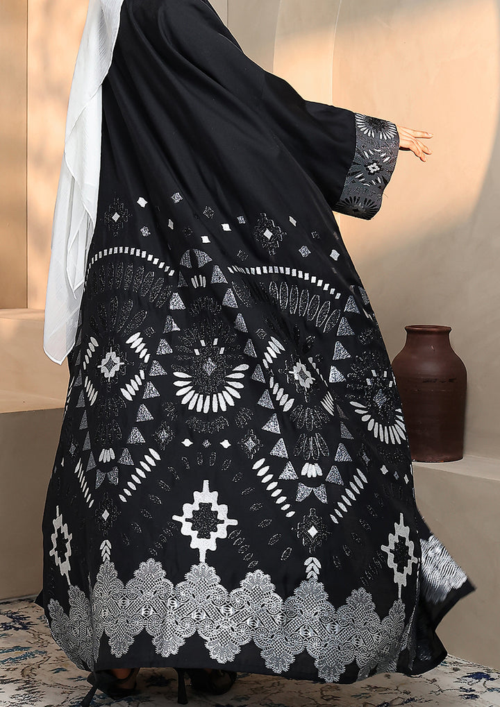 Premium Brocade Abaya - Silver Black