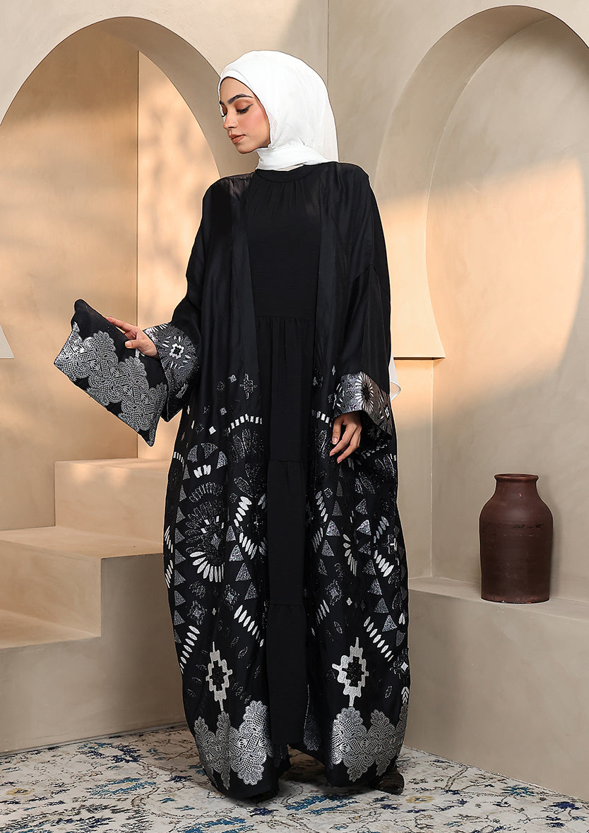 Premium Brocade Abaya - Silver Black