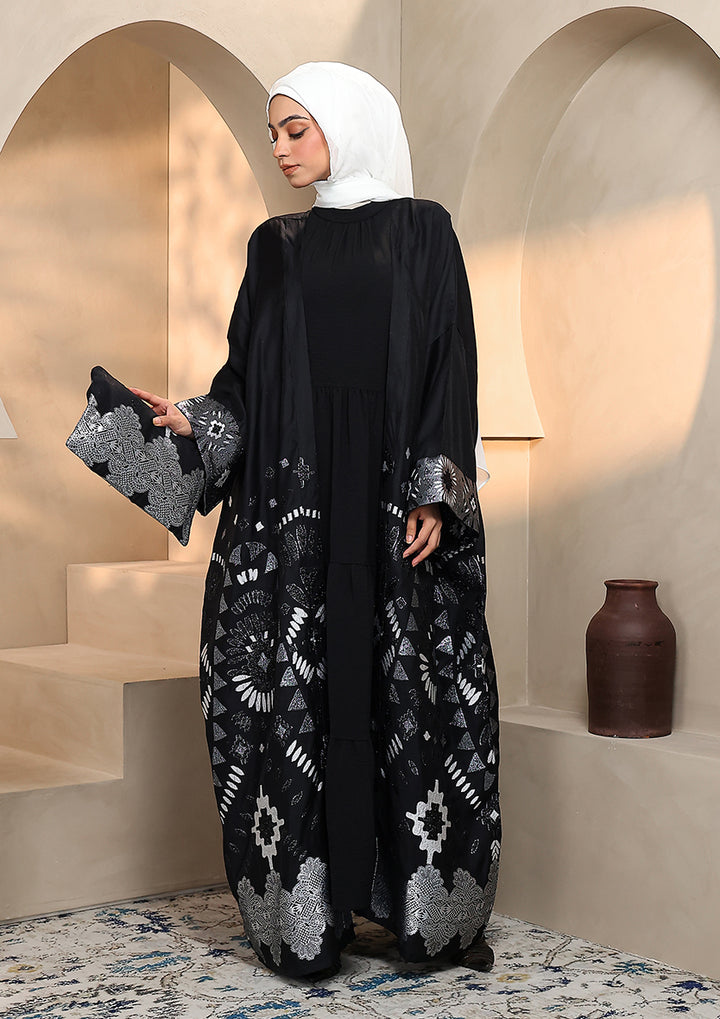 Premium Brocade Abaya - Silver Black