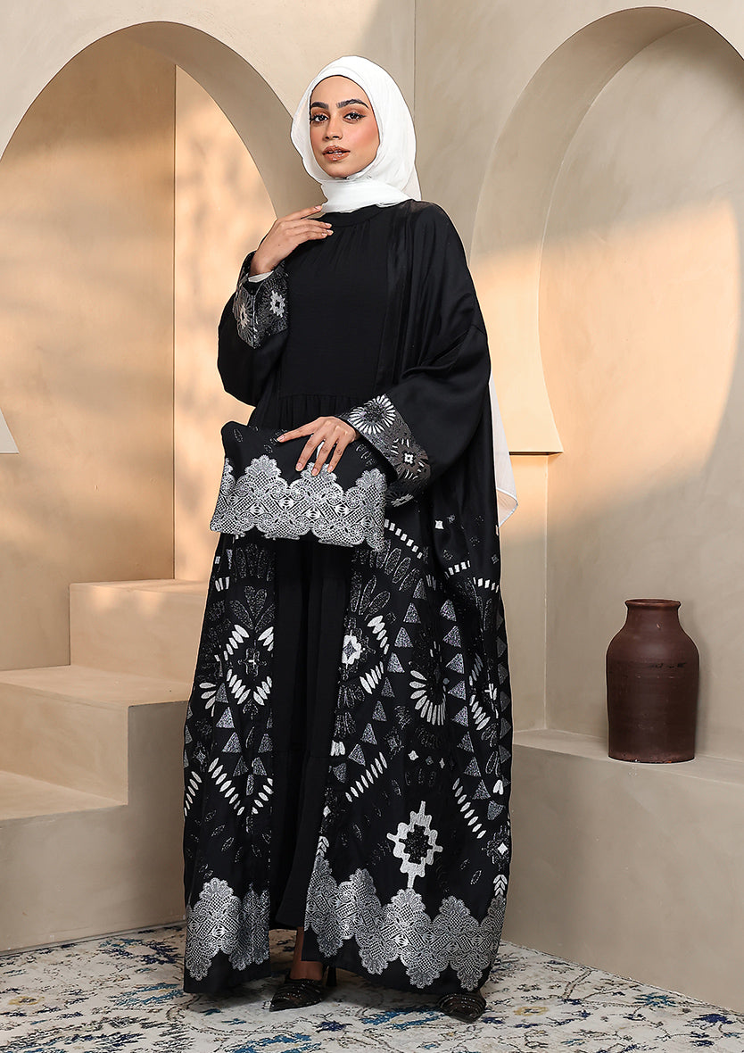 Premium Brocade Abaya - Silver Black