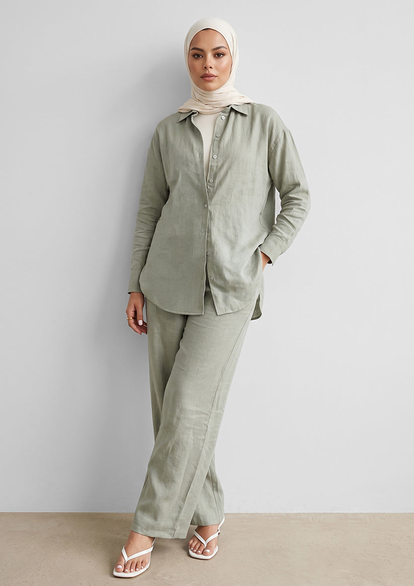 100% Italian Linen Shirt - Sage Green