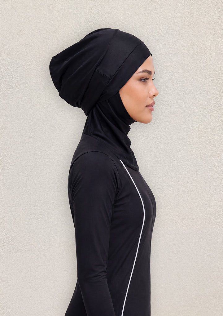Black Swim Capneck Hijab With Chiffon Shawl