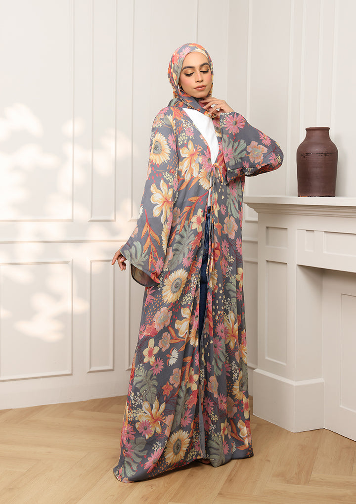 Tie Front Abaya &amp; Shawl Set - Tropical Dawn