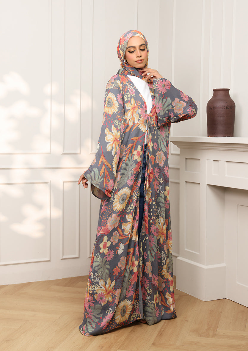 Tie Front Abaya &amp; Shawl Set - Tropical Dawn