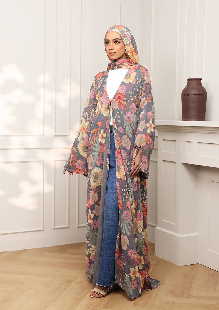 Tie Front Abaya &amp; Shawl Set - Tropical Dawn
