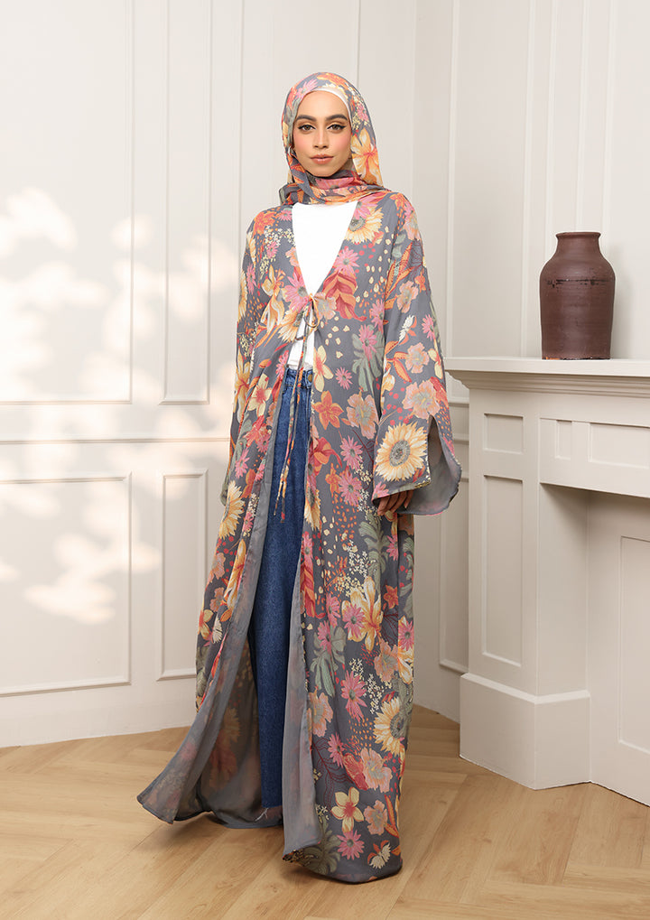 Tie Front Abaya &amp; Shawl Set - Tropical Dawn