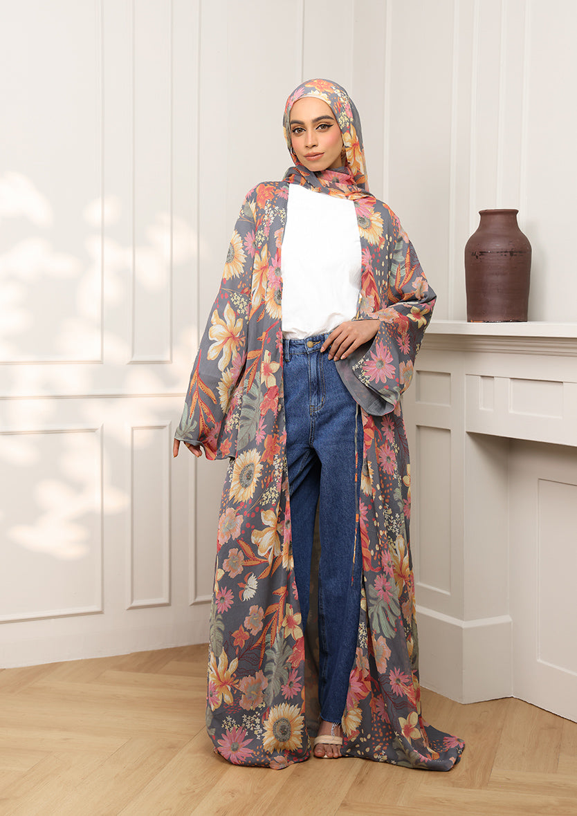 Tie Front Abaya &amp; Shawl Set - Wild Rose